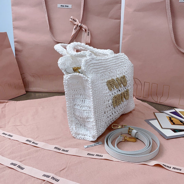 miu tote bag 22cm white woven fabric