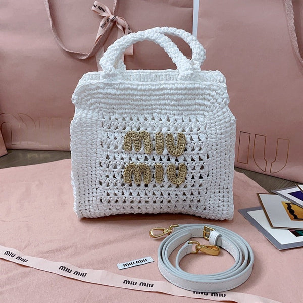 miu tote bag 22cm white woven fabric