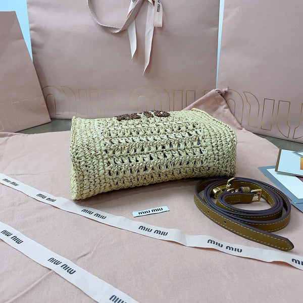 miu tote bag 22cm beige woven fabric