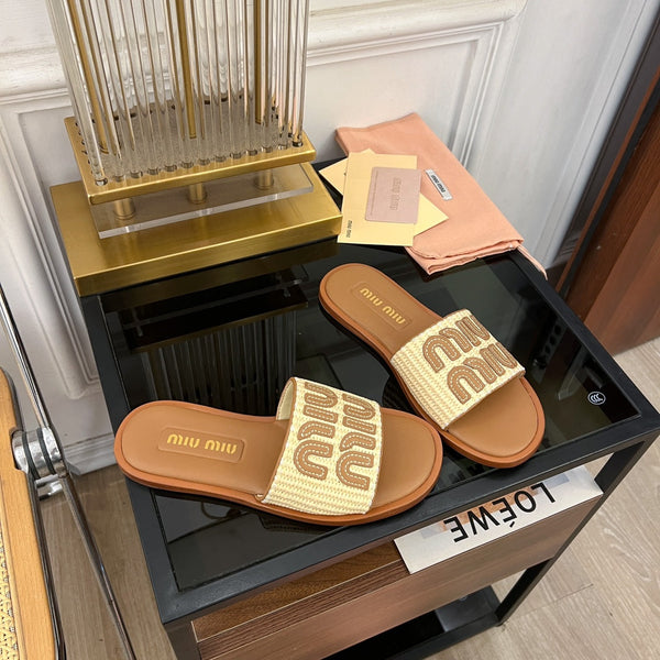 Miu 25S Beige and Gold Canvas and leather slides 678740