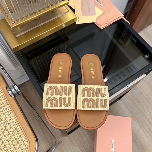 Miu 25S Beige and Gold Canvas and leather slides 678740