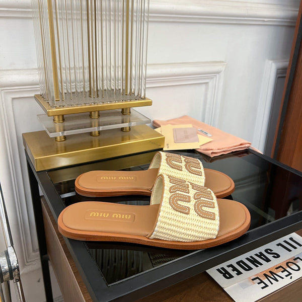 Miu 25S Beige and Gold Canvas and leather slides 678740