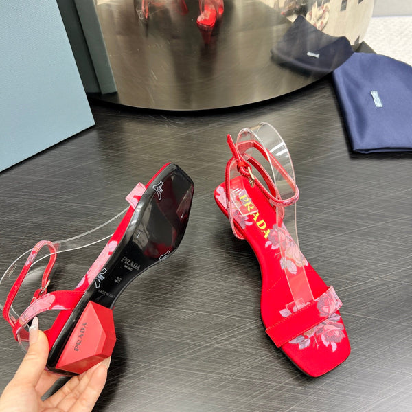 PRA TRIANGLE HEEL FLOWER MOTIF SATIN SANDALS RED