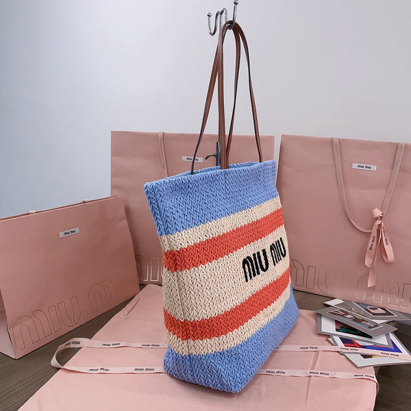 TOTE BAG 40 IN STRIPED PATTERN OF LIGHT BLUE ORANGE AND CREAM WHITE WOVEN RAFFIA