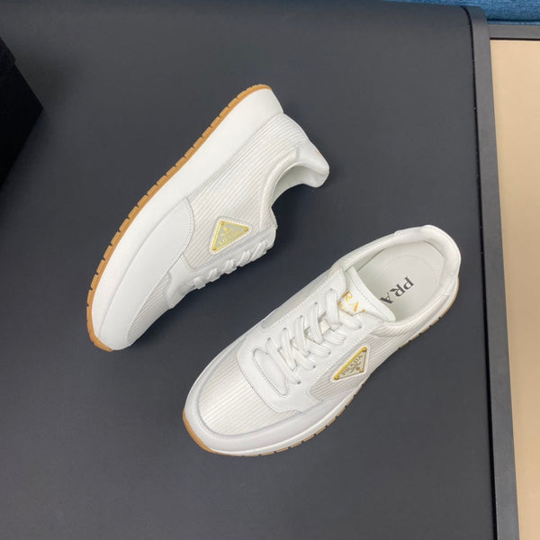 PRA SNEAKER IN WHITE CALFSKIN AND FABRIC WITH GOLDEN LOGO