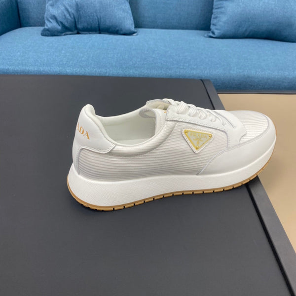 PRA SNEAKER IN WHITE CALFSKIN AND FABRIC WITH GOLDEN LOGO