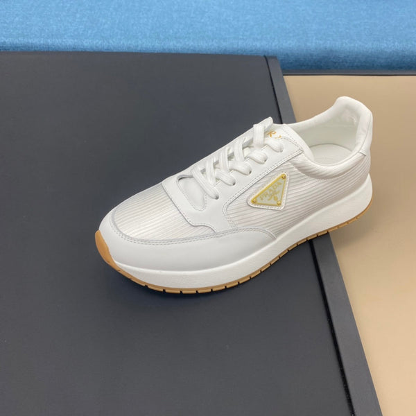 PRA SNEAKER IN WHITE CALFSKIN AND FABRIC WITH GOLDEN LOGO