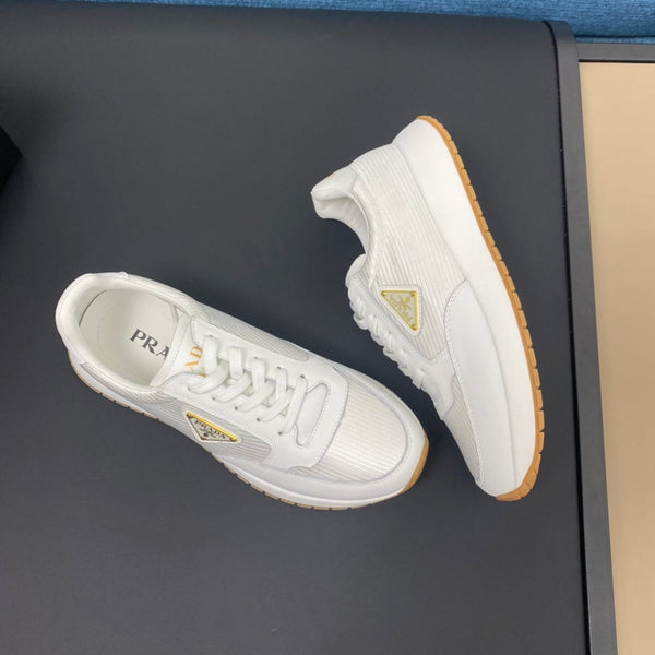 PRA SNEAKER IN WHITE CALFSKIN AND FABRIC WITH GOLDEN LOGO