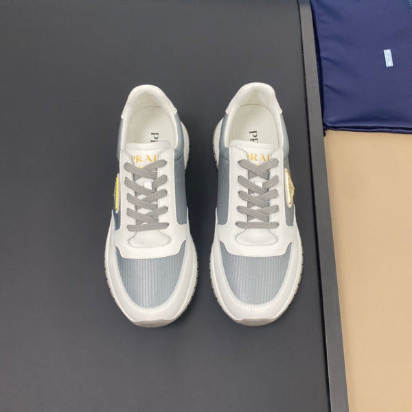 PRA SNEAKER IN WHITE CALFSKIN AND SILVER FABRIC WITH GOLDEN LOGO