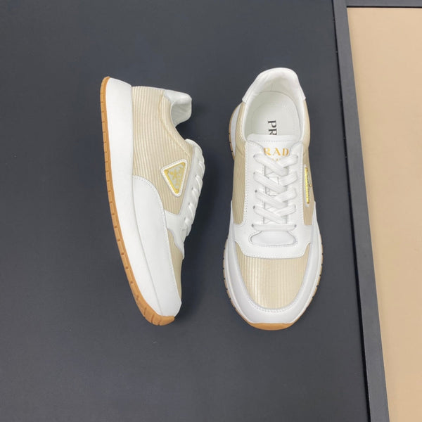 PRA SNEAKER IN WHITE CALFSKIN AND GOLD FABRIC WITH GOLDEN LOGO