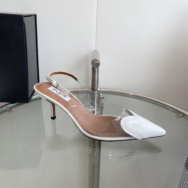 ALAIA HIGH 6 CM SLINGBACK IN WHITE PATENT CALFSKIN AND FILM