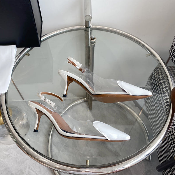 ALAIA HIGH 6 CM SLINGBACK IN WHITE PATENT CALFSKIN AND FILM