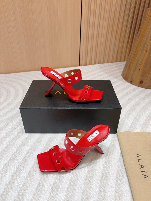 ALAIA TWO-STRAPS HIGH HEEL SANDALS IN CHERRY RED PATENT LAMBSKIN