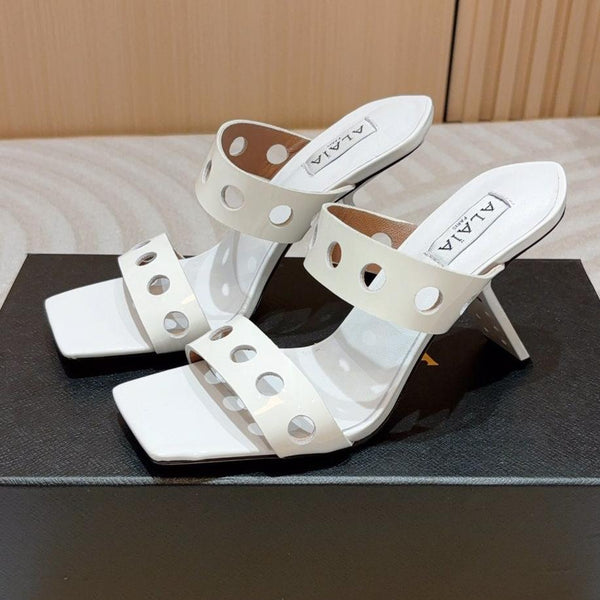 ALAIA TWO-STRAPS HIGH HEEL SANDALS IN WHITE PATENT LAMBSKIN