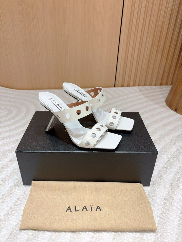 ALAIA TWO-STRAPS HIGH HEEL SANDALS IN WHITE PATENT LAMBSKIN