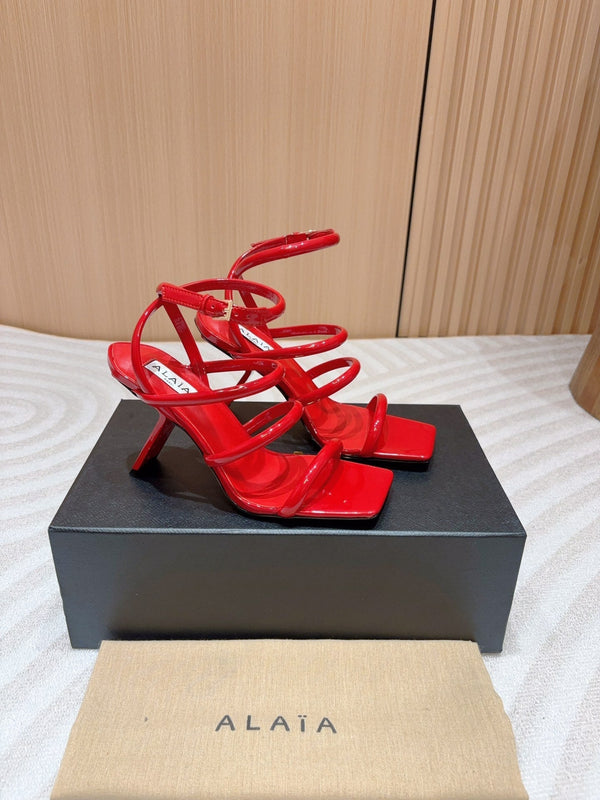 ALAIA THREE-STRAPS HIGH HEEL SANDALS IN CHERRY RED PATENT LAMBSKIN