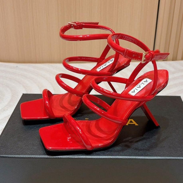 ALAIA THREE-STRAPS HIGH HEEL SANDALS IN CHERRY RED PATENT LAMBSKIN