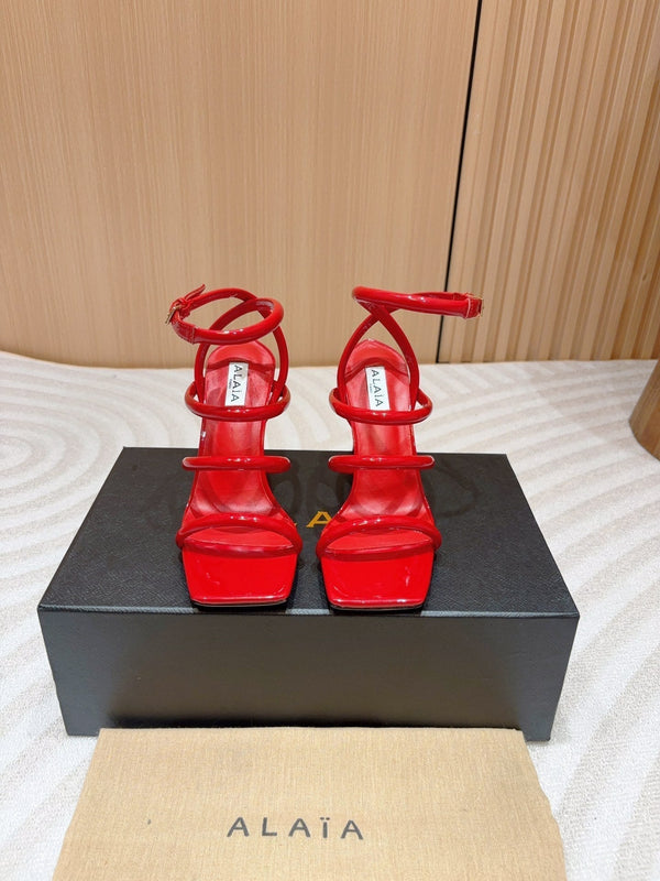ALAIA THREE-STRAPS HIGH HEEL SANDALS IN CHERRY RED PATENT LAMBSKIN