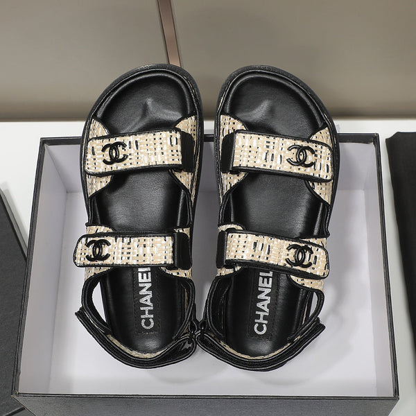 CC Dad Sandal Beige Black Woven Black Calfskin