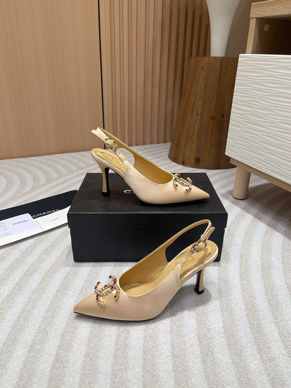 CC SLINGBACKS ALTI IN RASO CREMA BEIGE E PELLE DI AGNELLO