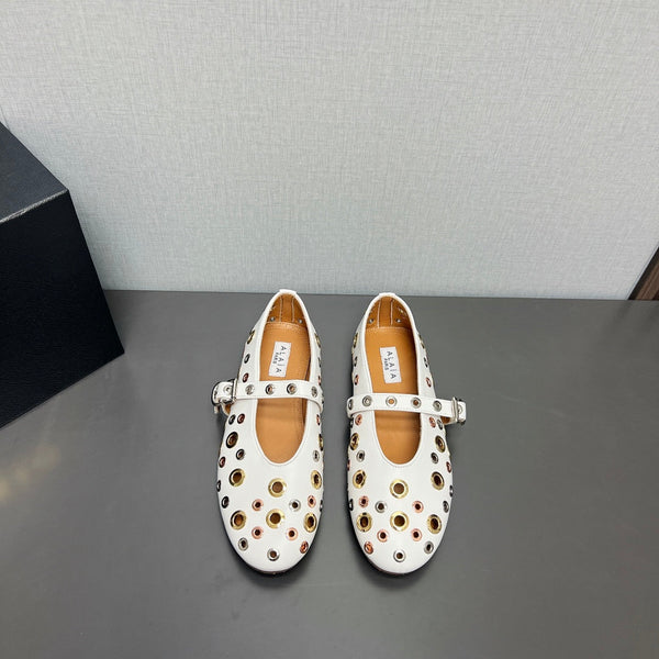 ALAIA MARY JANE SHOES IN WHITE LAMBSKIN GOLD MIX SILVER HARDWARE