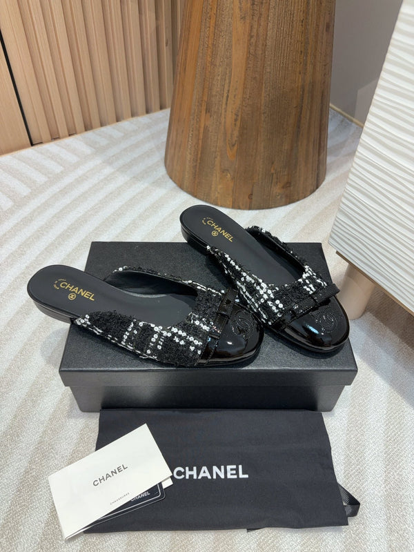 cc mule black tweed white sequin black patent calfskin