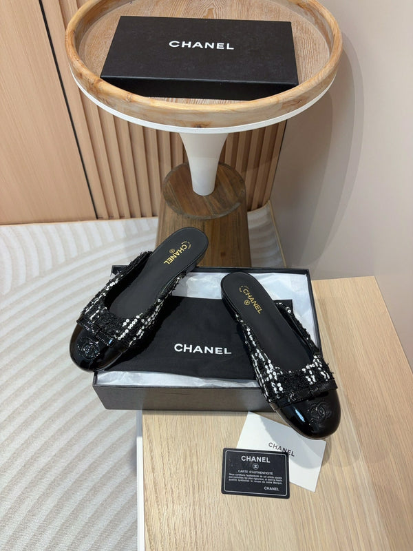 cc mule black tweed white sequin black patent calfskin