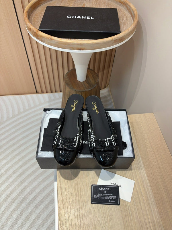 cc mule black tweed white sequin black patent calfskin