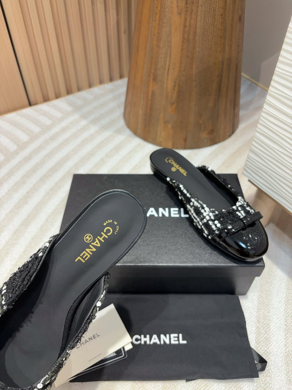 cc mule black tweed white sequin black patent calfskin