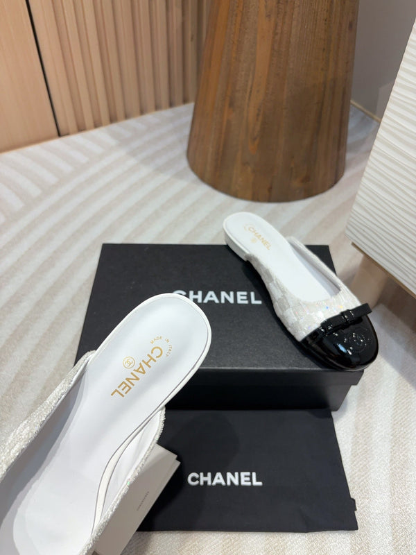 cc mule white tweed sequin black patent calfskin