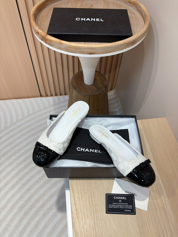 cc mule white tweed sequin black patent calfskin