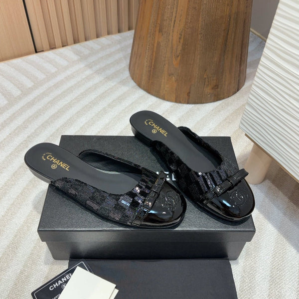 cc mule black tweed sequin black patent calfskin