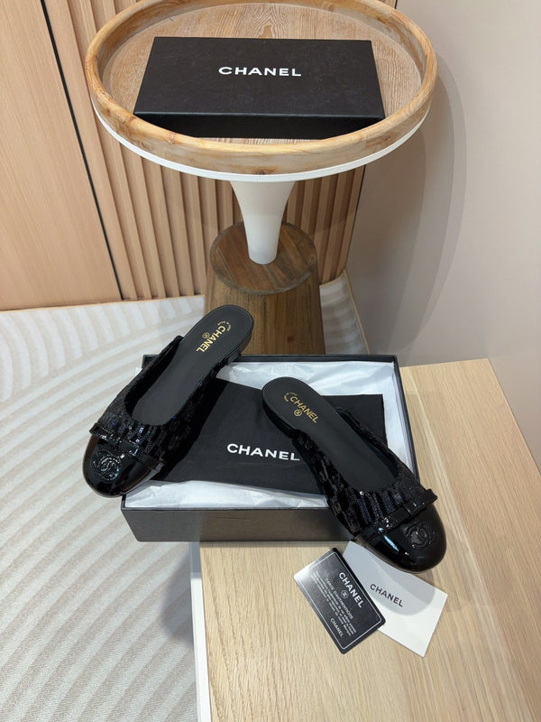 cc mule black tweed sequin black patent calfskin