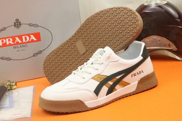 PRA SNEAKER IN WHITE CALFSKIN WITH BLACK AND YELLOW STRIPED