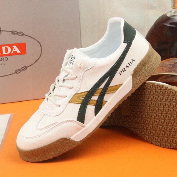 PRA SNEAKER IN WHITE CALFSKIN WITH BLACK AND YELLOW STRIPED