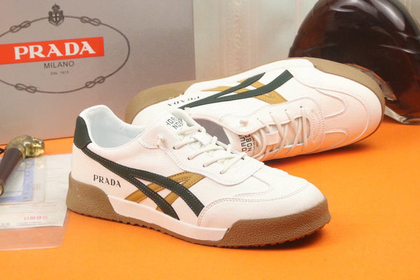 PRA SNEAKER IN WHITE CALFSKIN WITH BLACK AND YELLOW STRIPED