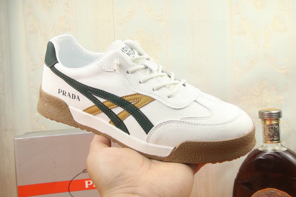 PRA SNEAKER IN WHITE CALFSKIN WITH BLACK AND YELLOW STRIPED