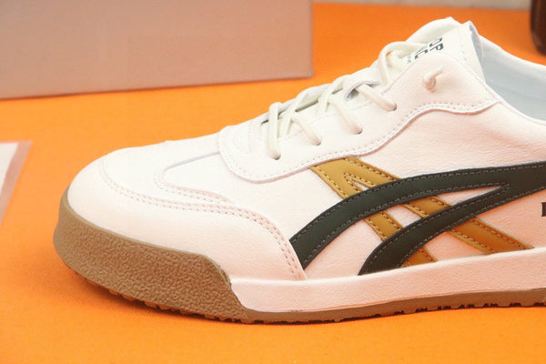 PRA SNEAKER IN WHITE CALFSKIN WITH BLACK AND YELLOW STRIPED