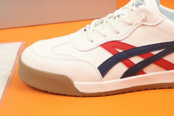 PRA SNEAKER IN WHITE CALFSKIN WITH NAVY BLUE AND RED STRIPED