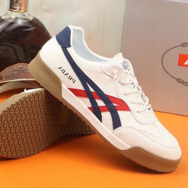 PRA SNEAKER IN WHITE CALFSKIN WITH NAVY BLUE AND RED STRIPED