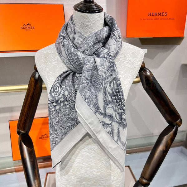 Scarf 135 CM Grey White Cashmere And Silk