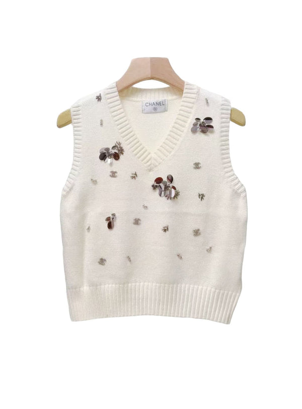 CC Sequined ribbed V-neck knitted vest