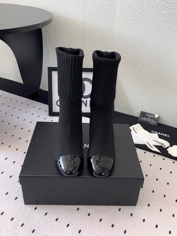 CC Short Boots 85mm Black Wool Mix Glossy Cowhide 938068