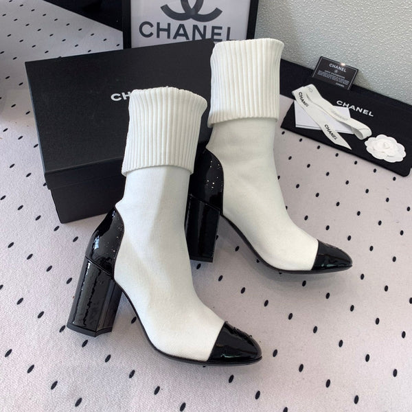 CC Short Boots 85mm White Black Wool Mix Glossy Cowhide 938069