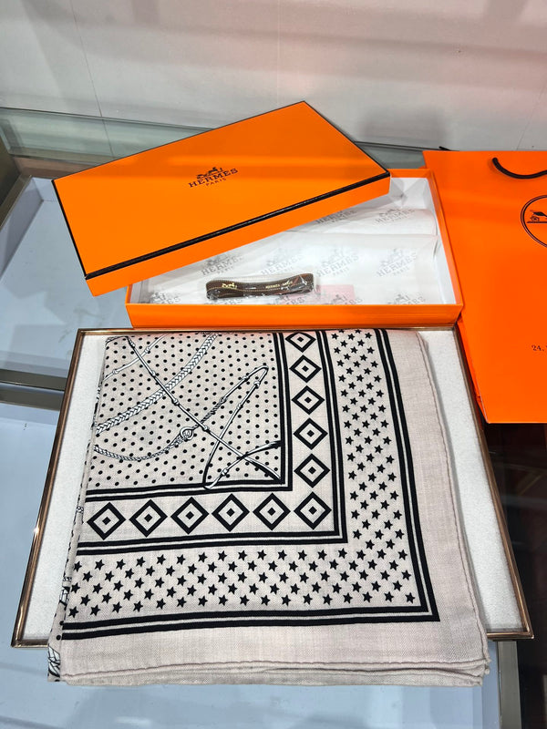 SCARF 140 CM IN WHITE MIX BLACK CASHMERE AND SILK 379766