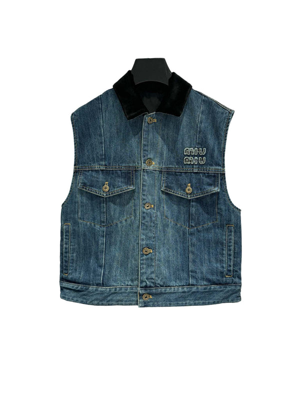 Gilet da camionista in denim blu navy Miu