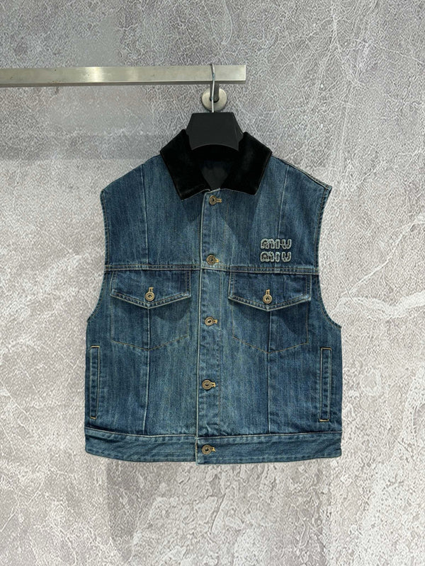 Gilet da camionista in denim blu navy Miu
