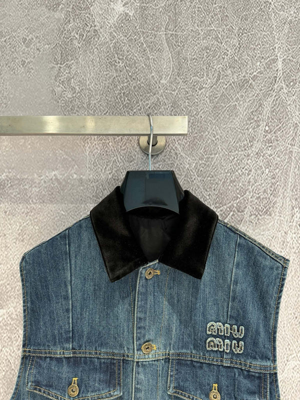 Gilet da camionista in denim blu navy Miu