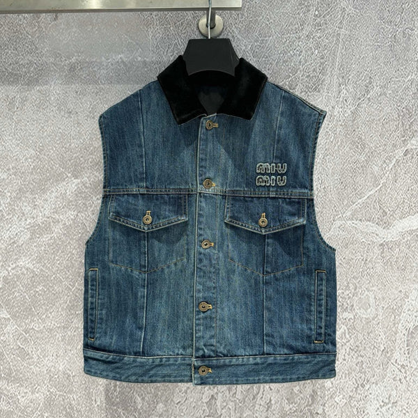 Gilet da camionista in denim blu navy Miu