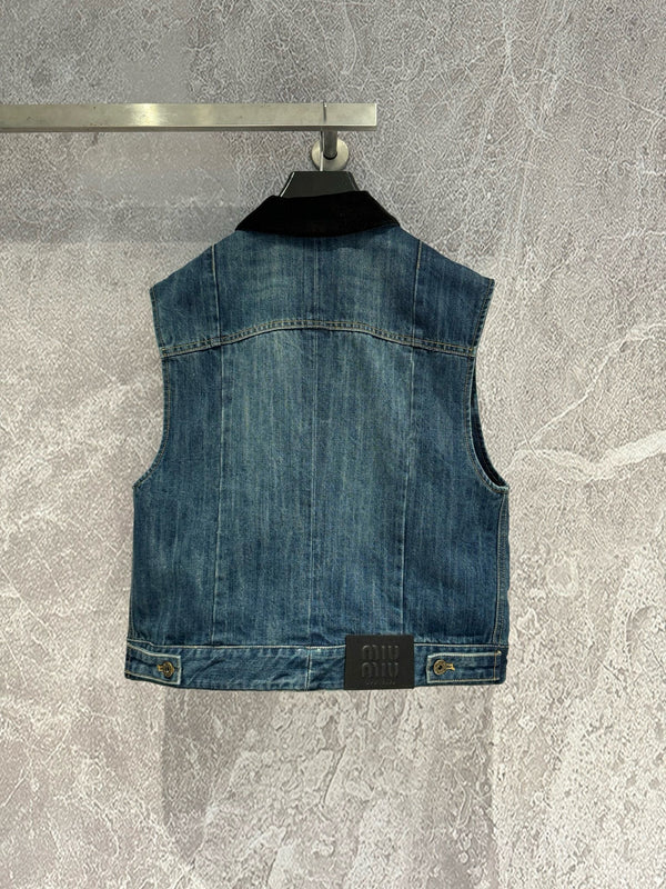 Gilet da camionista in denim blu navy Miu